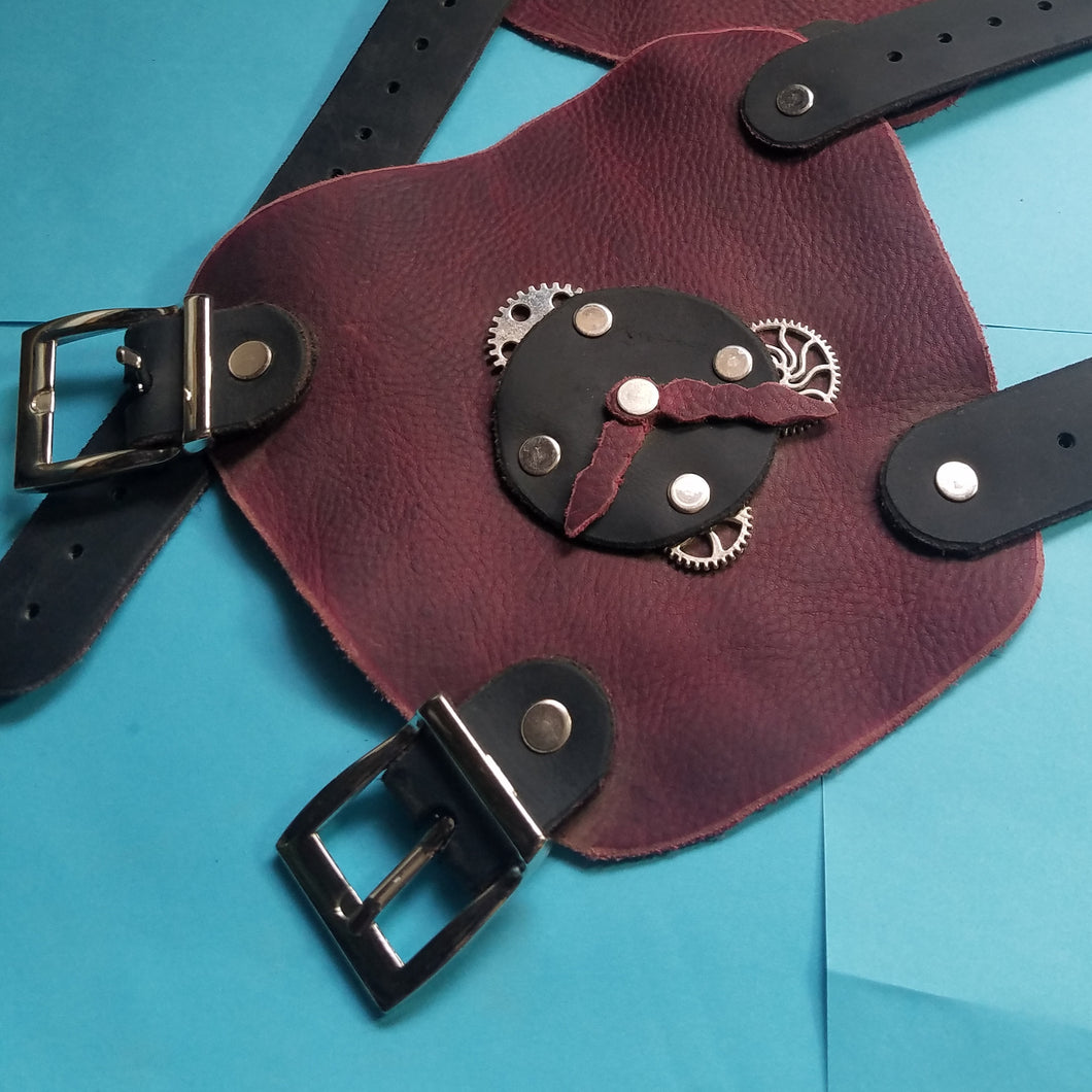 purple vambraces with leather clock and metal gears